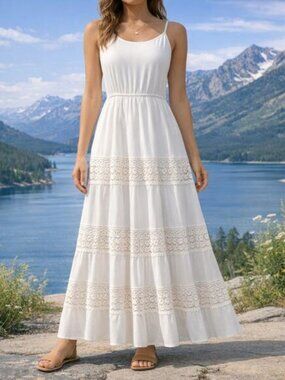 Naf Naf Womans S Maxi White Crochet Cotton Dress Spaghetti Straps Feminine